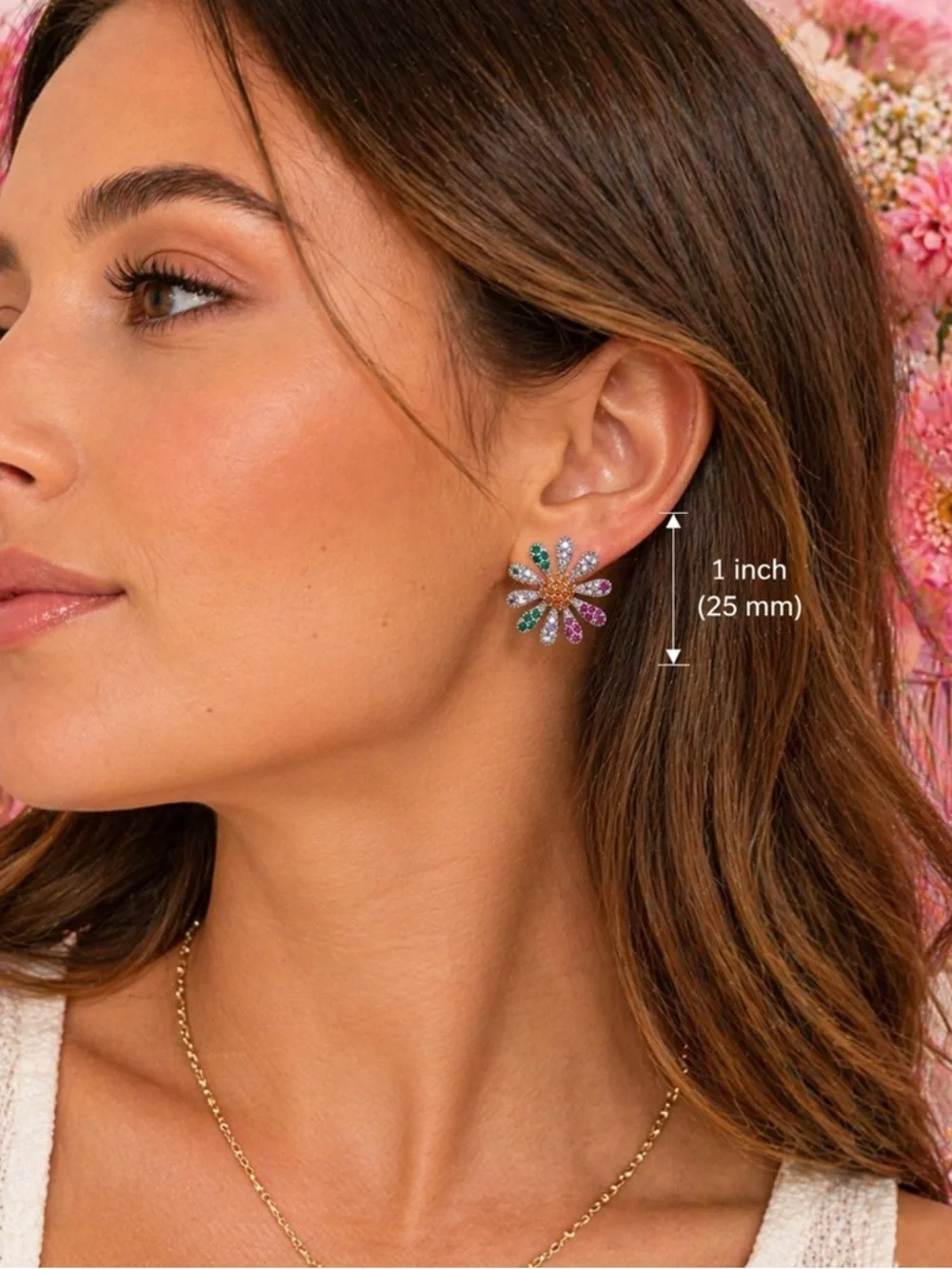Flowers with multicolored cz’s. 18 K over copper 925 posts it excellent quality. - Picture 3 of 3